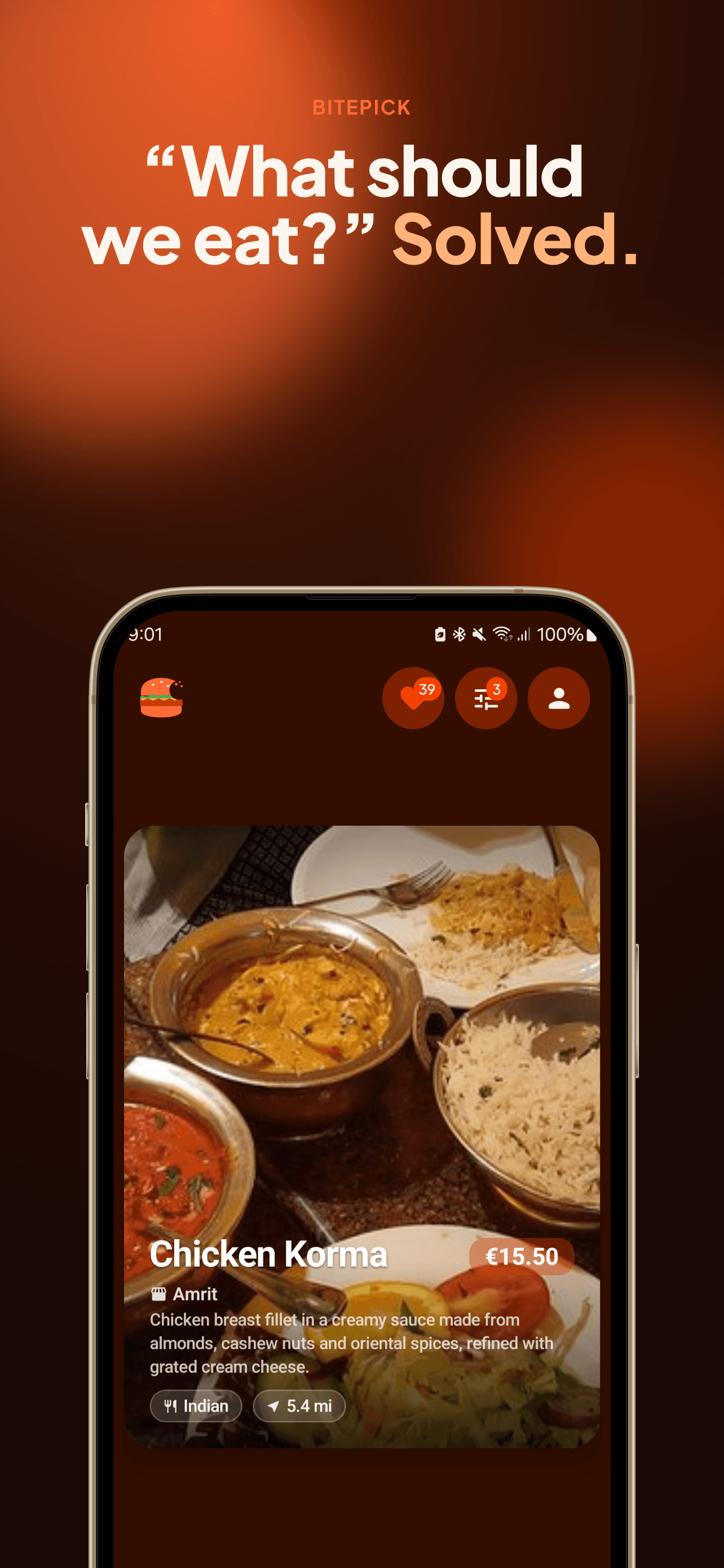 BitePick swipe feed showing a Chicken Korma dish card with price, distance, and cuisine