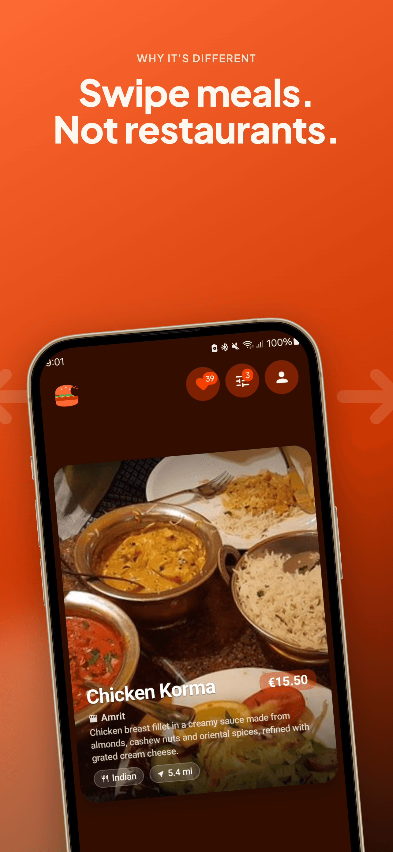 BitePick showing a single dish swipe card with directional swipe hints