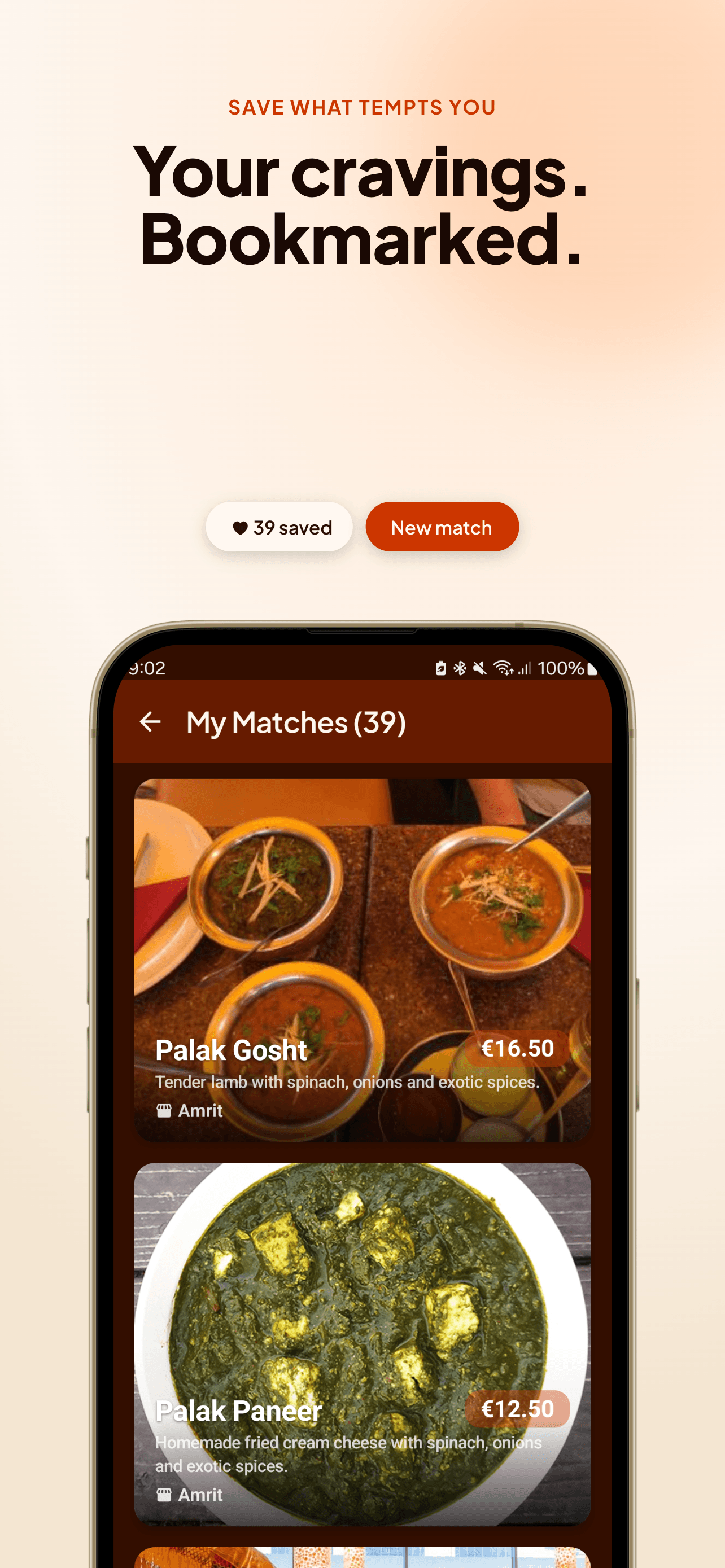 BitePick My Matches screen listing saved dishes with photos and prices