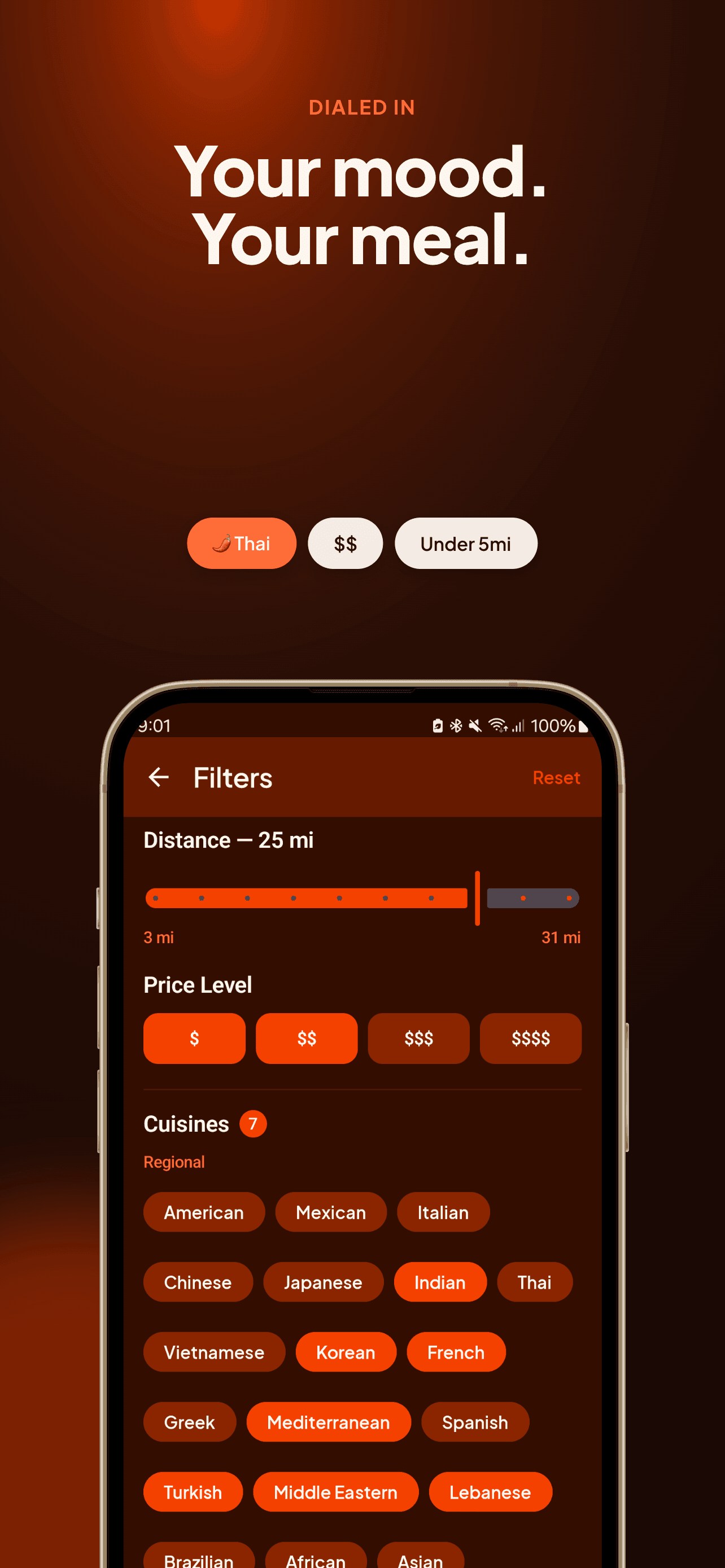 BitePick filters screen with distance, price, and cuisine chips