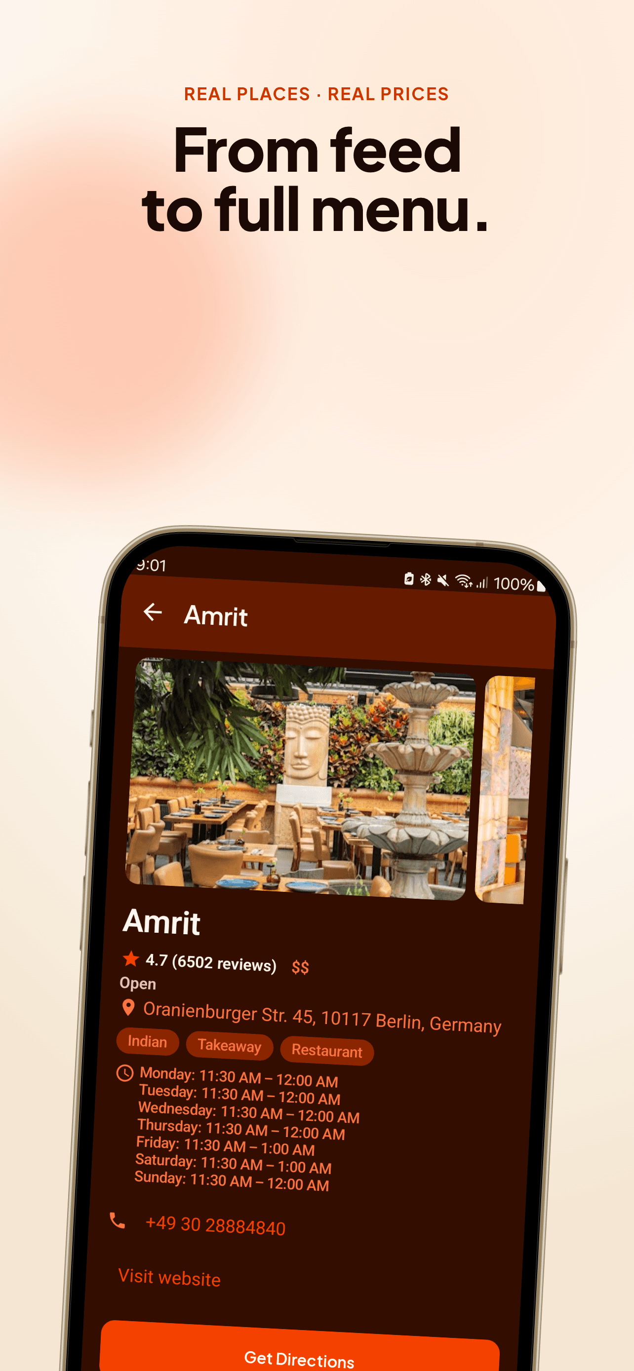 BitePick restaurant detail page with hours, address, and Get Directions button