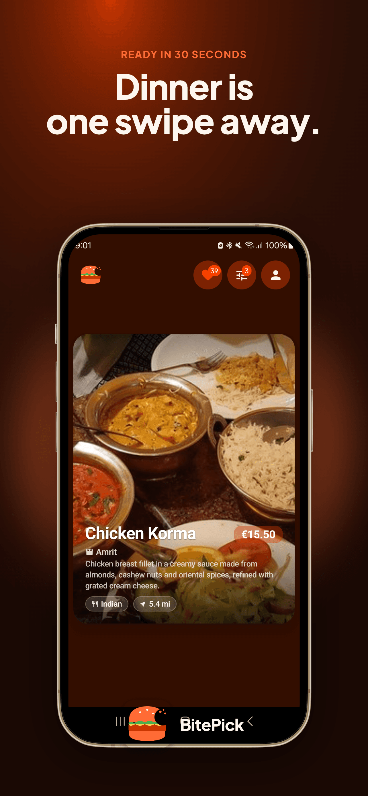 BitePick swipe feed card with the BitePick brand lockup at the bottom